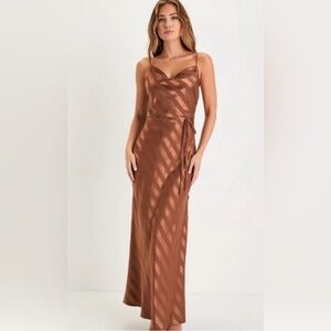 NWT Lulu’s Sleek Sophisticate Bronze Satin Striped Backless Cowl Maxi Dress M
